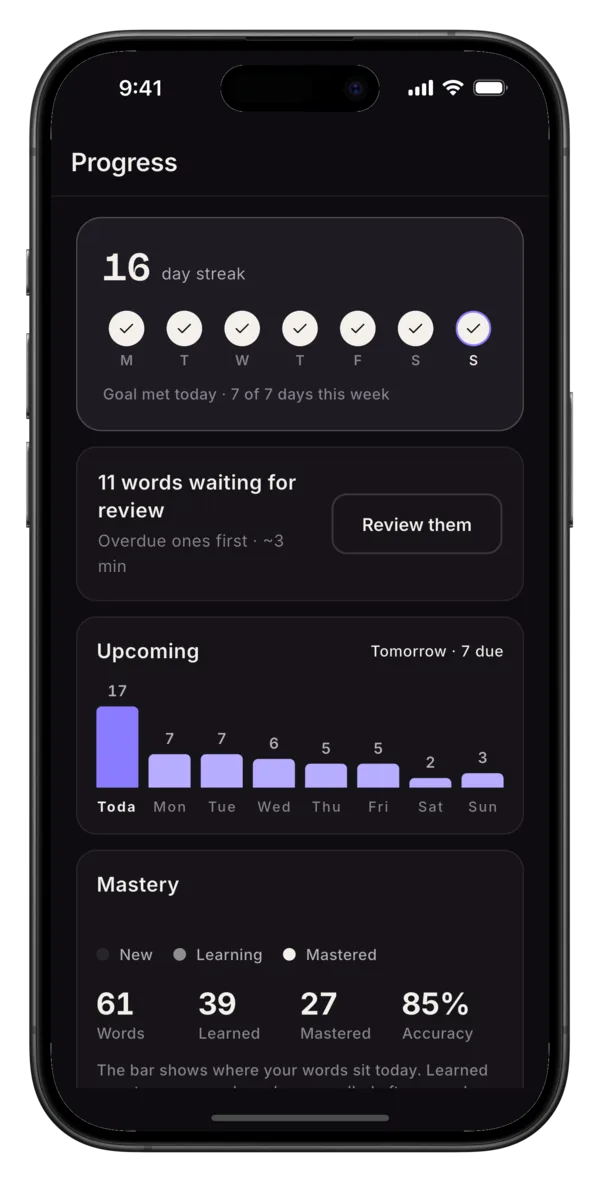 Lanma progress screen with a streak, words due for review and mastery levels